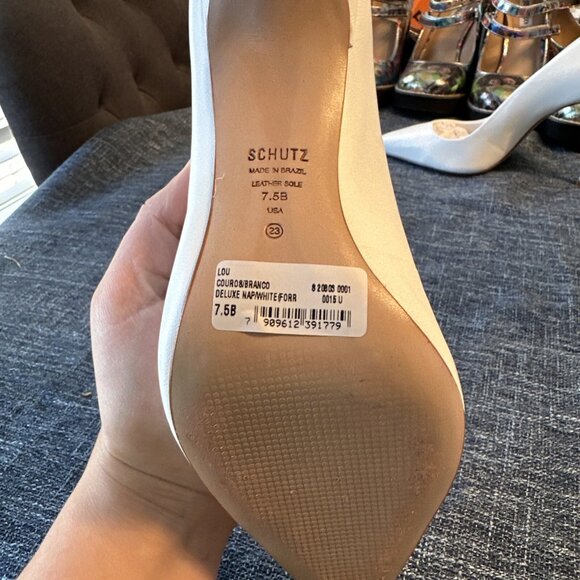 Schutz Lou Pointed Toe Pumps White Leather Heels - Picture 9 of 16